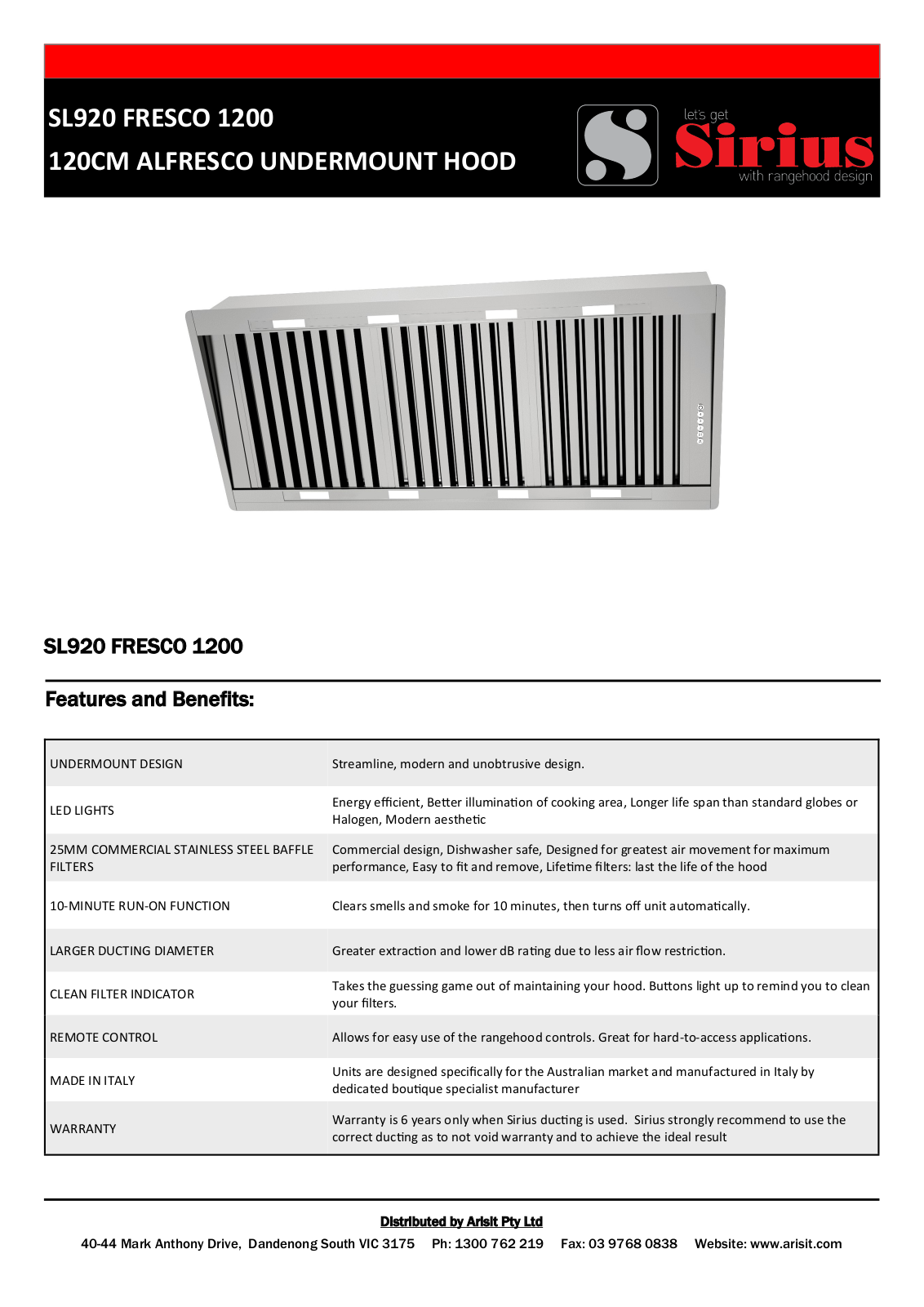 Sirius SL920FRESCO1200, SL920FRESCO1200P Specifications Sheet