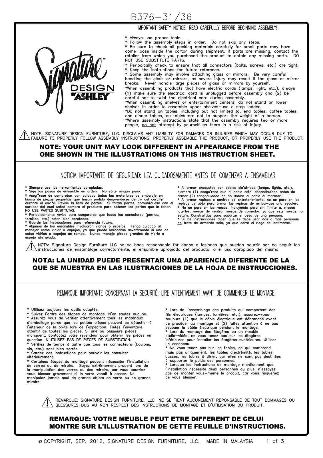 Ashley B37631, B37636 Assembly Guide