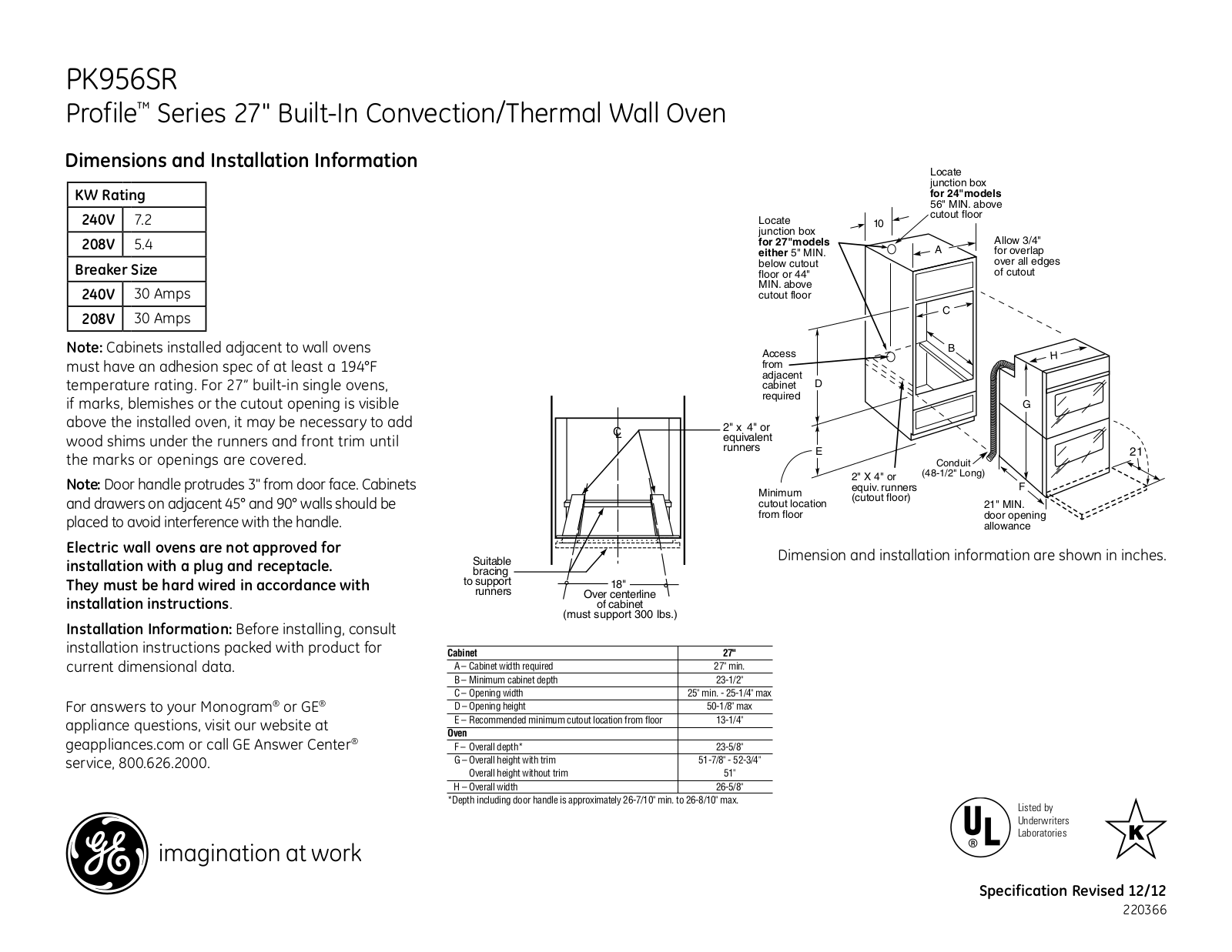 GE PK956SR Specification