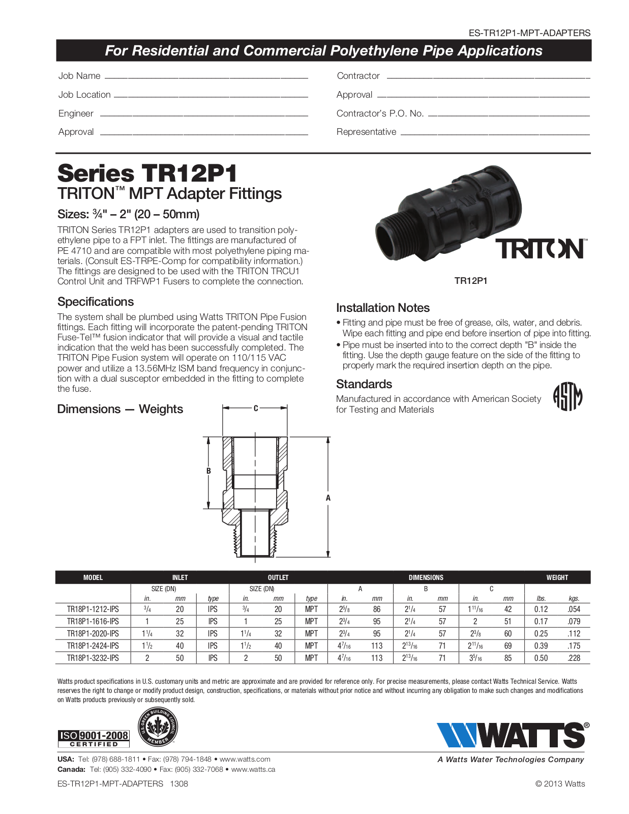 Watts TR12P1 User Manual