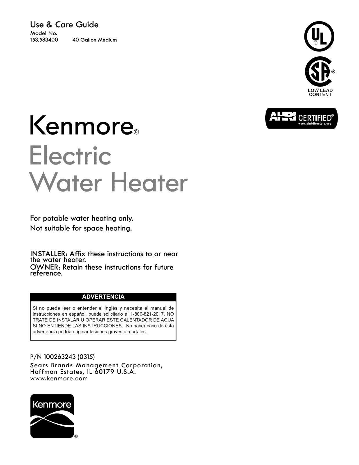 Kenmore 153583400 Owner’s Manual
