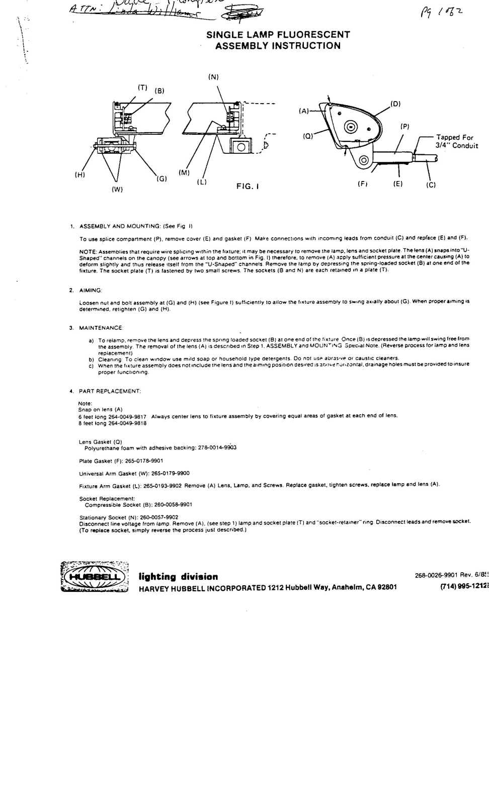 Hubbell Lighting SINGLE LAMP FLUOR User Manual