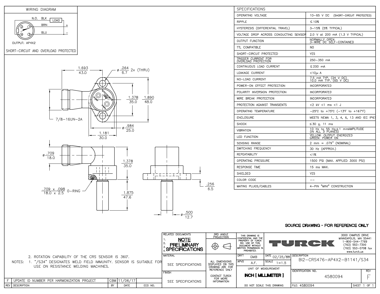 Turck BI2-CRS476-AP4X2-B1141S34 Data Sheet