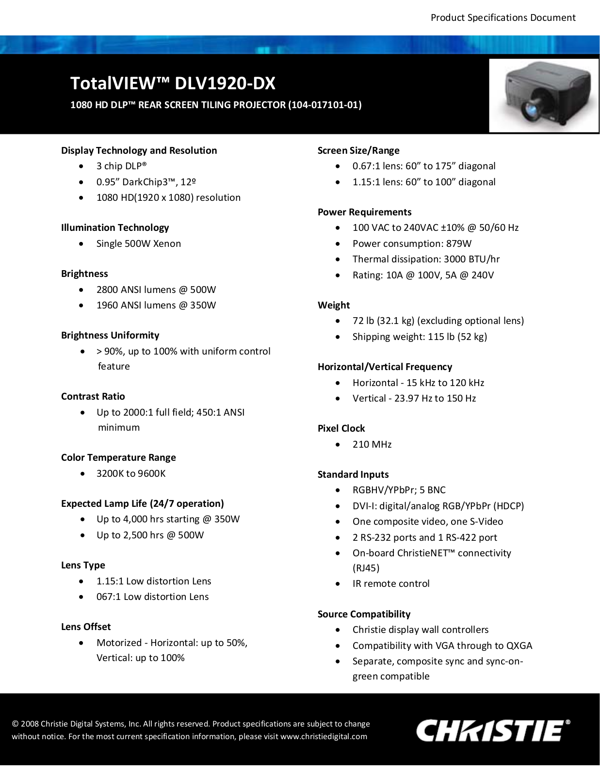 Christie DLV1920-DX Product Sheet