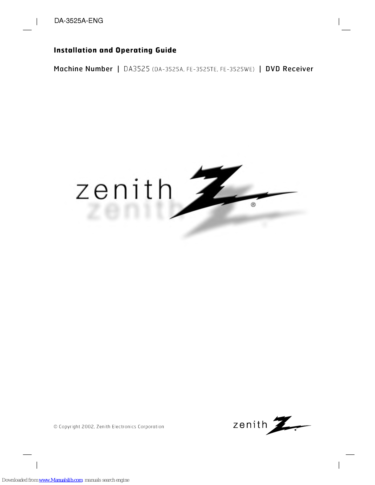 Zenith DA3525, DA3525A, FE-3525TE, FE-3525WE Installation And Operating Manual