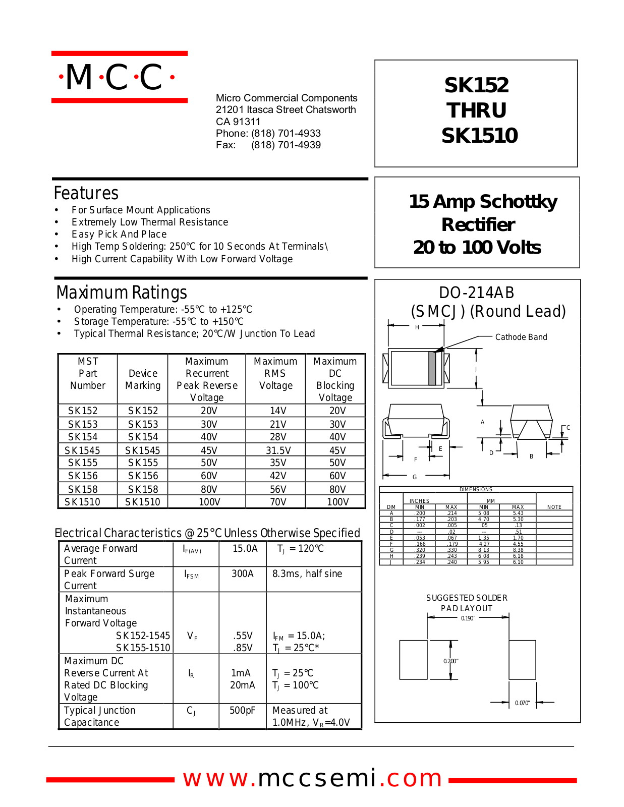 MCC SK1510, SK152, SK158, SK153, SK1535 Datasheet