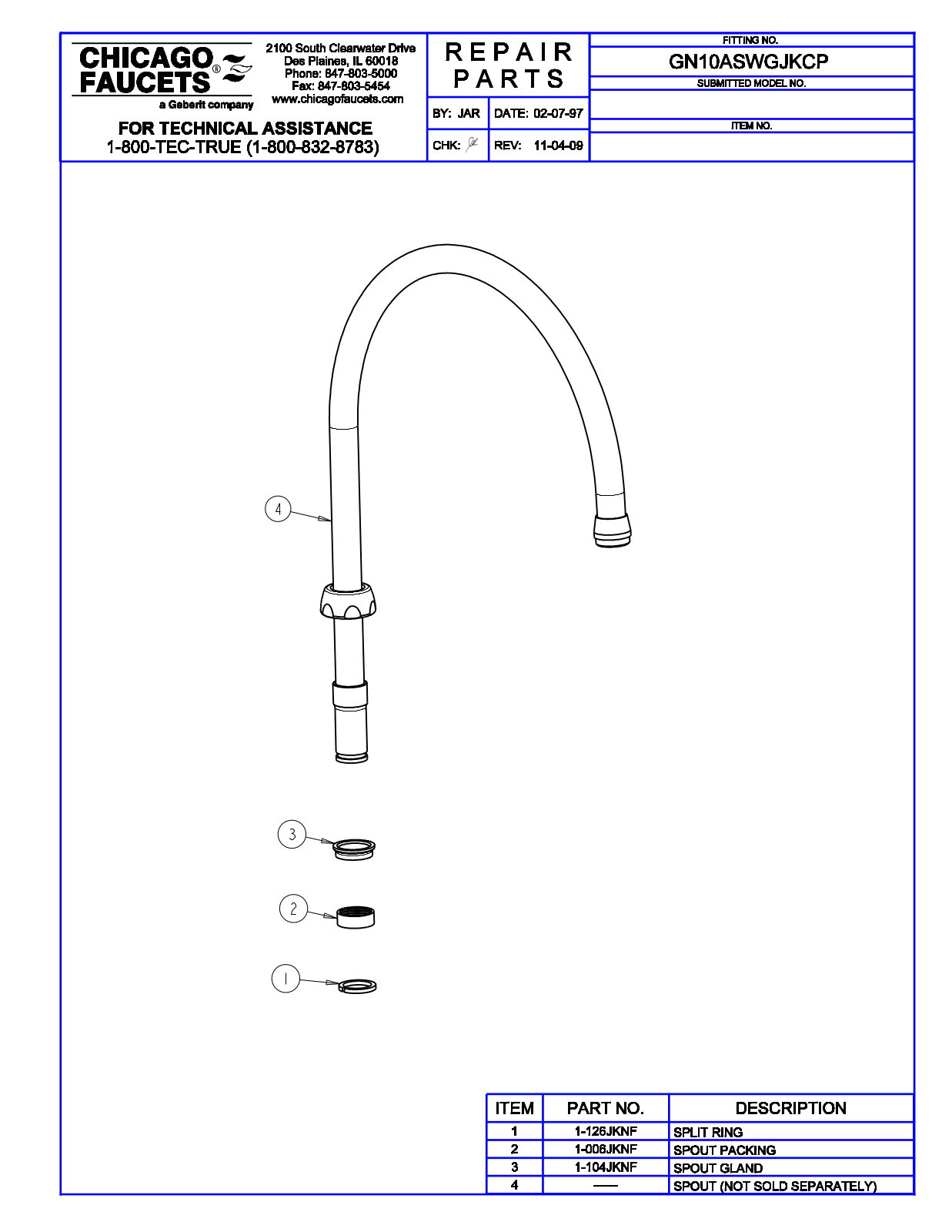 Chicago Faucet GN10ASWGJKCP Parts List