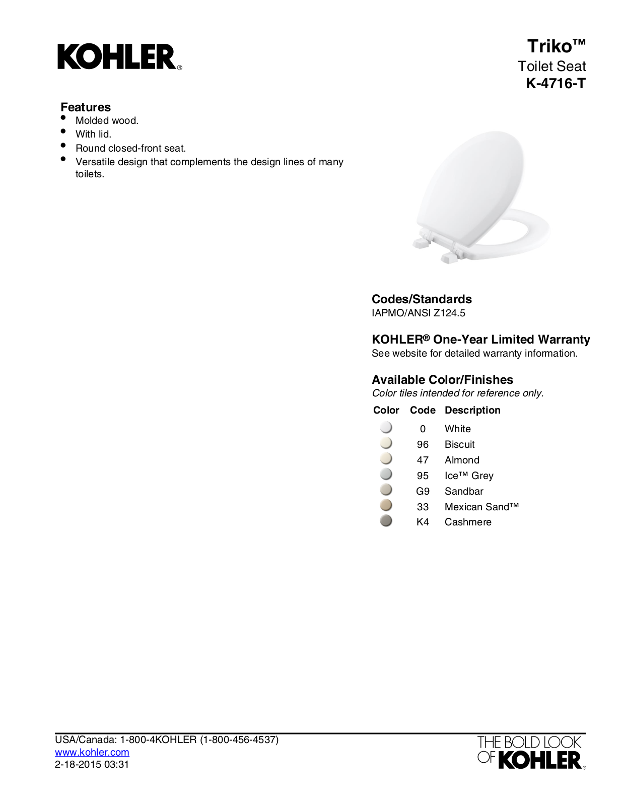 Kohler KOH3808 Specifications - ManualMachine.com
