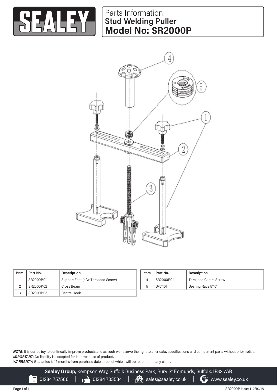 Sealey SR2000P Parts Listing