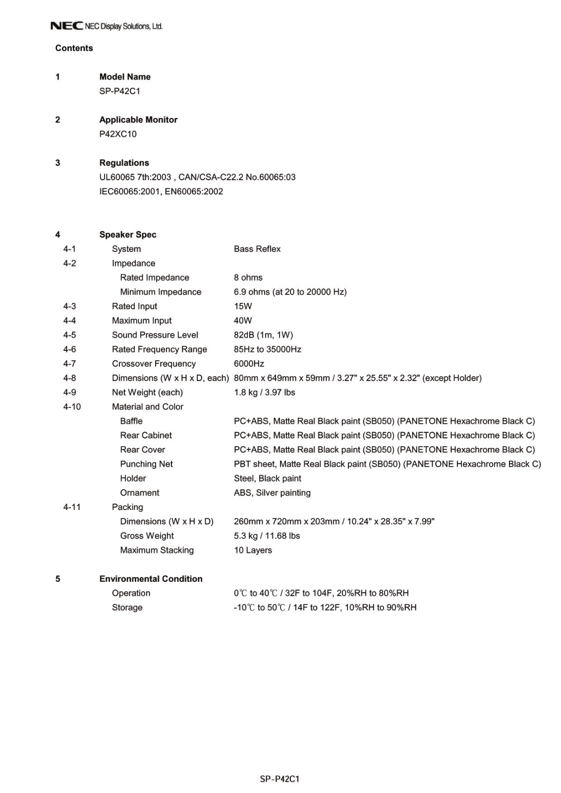 NEC SP-P42C1 User Manual