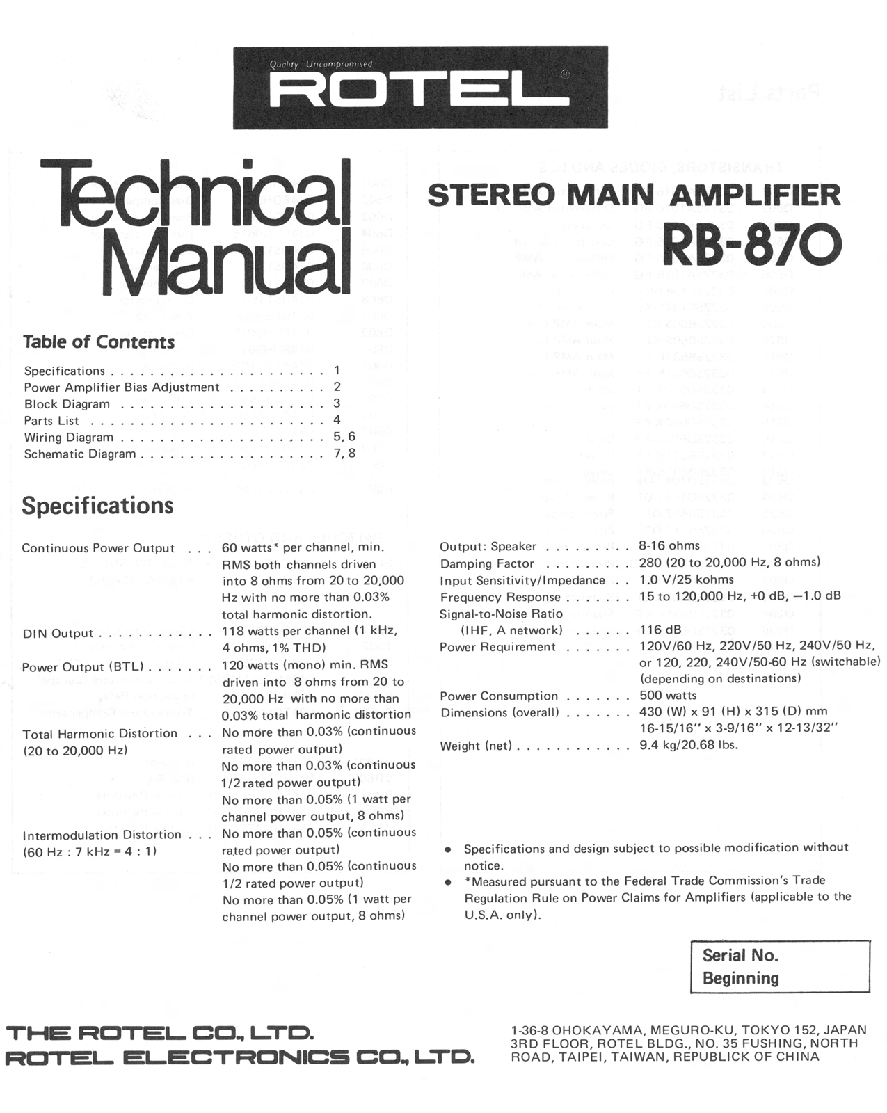 Rotel RB-870 Service manual