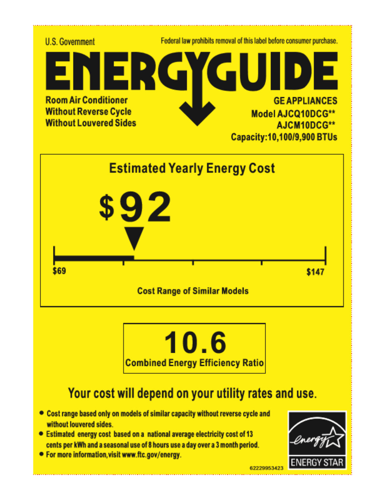 General Electric AJCM10DCG Energy Guide