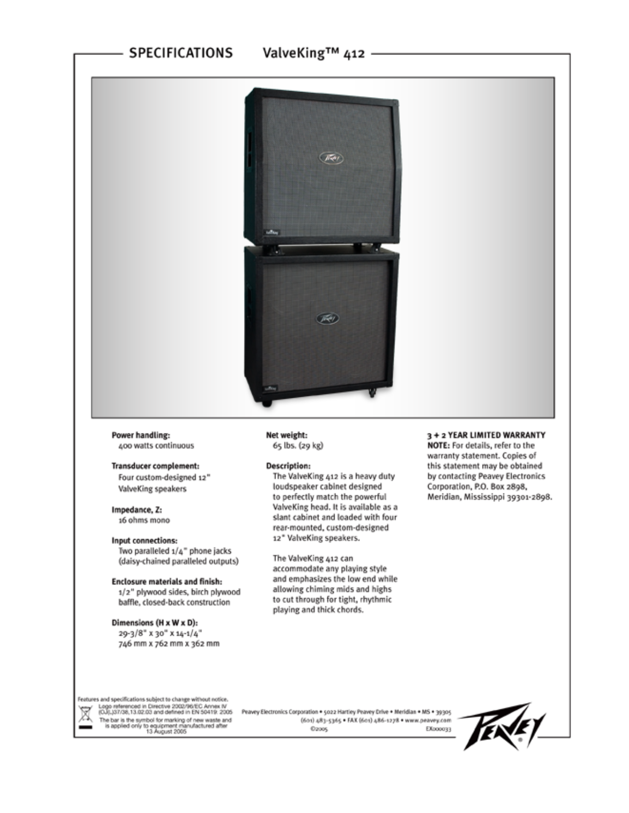 Peavey VALVEKING 412 DATASHEET