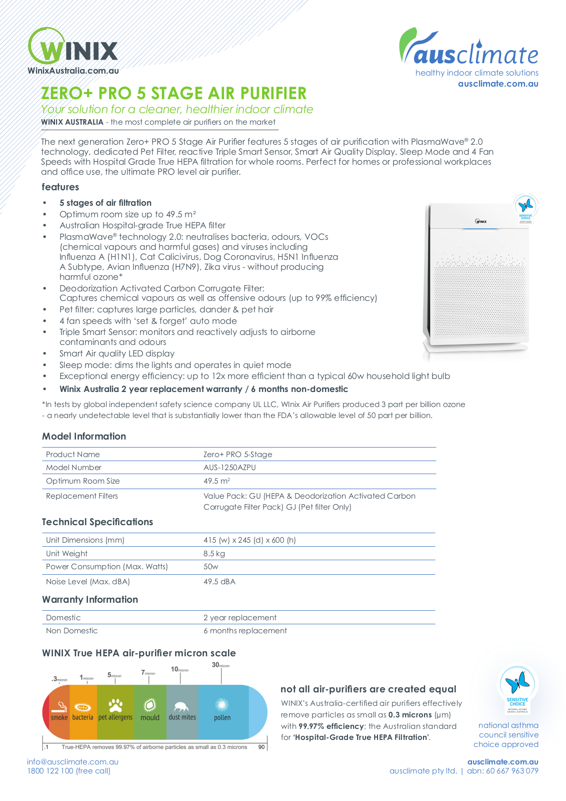 Winix AUS-1250AZPU Specifications Sheet