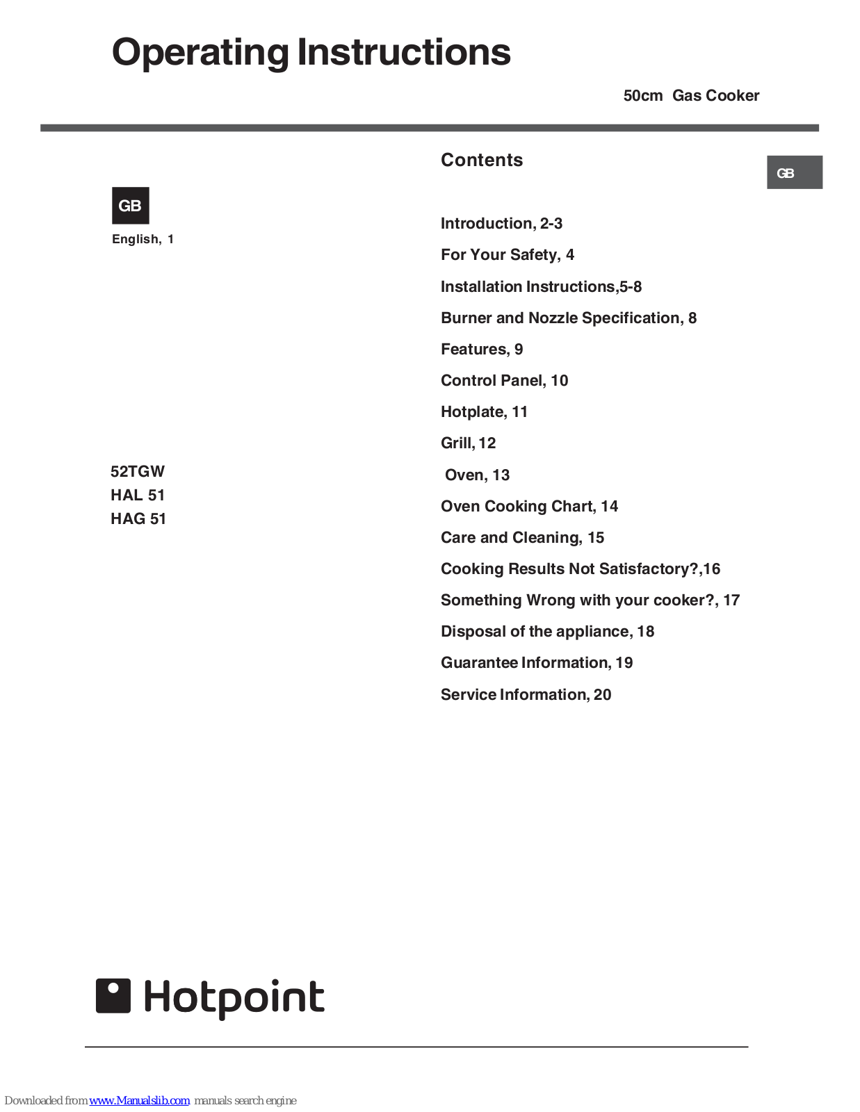 Hotpoint HAL 51, HAG 51 Operating Instructions Manual