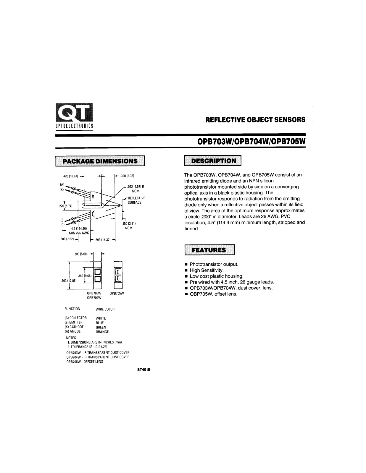 QT OPB703W, OPB705W, OPB704W Datasheet