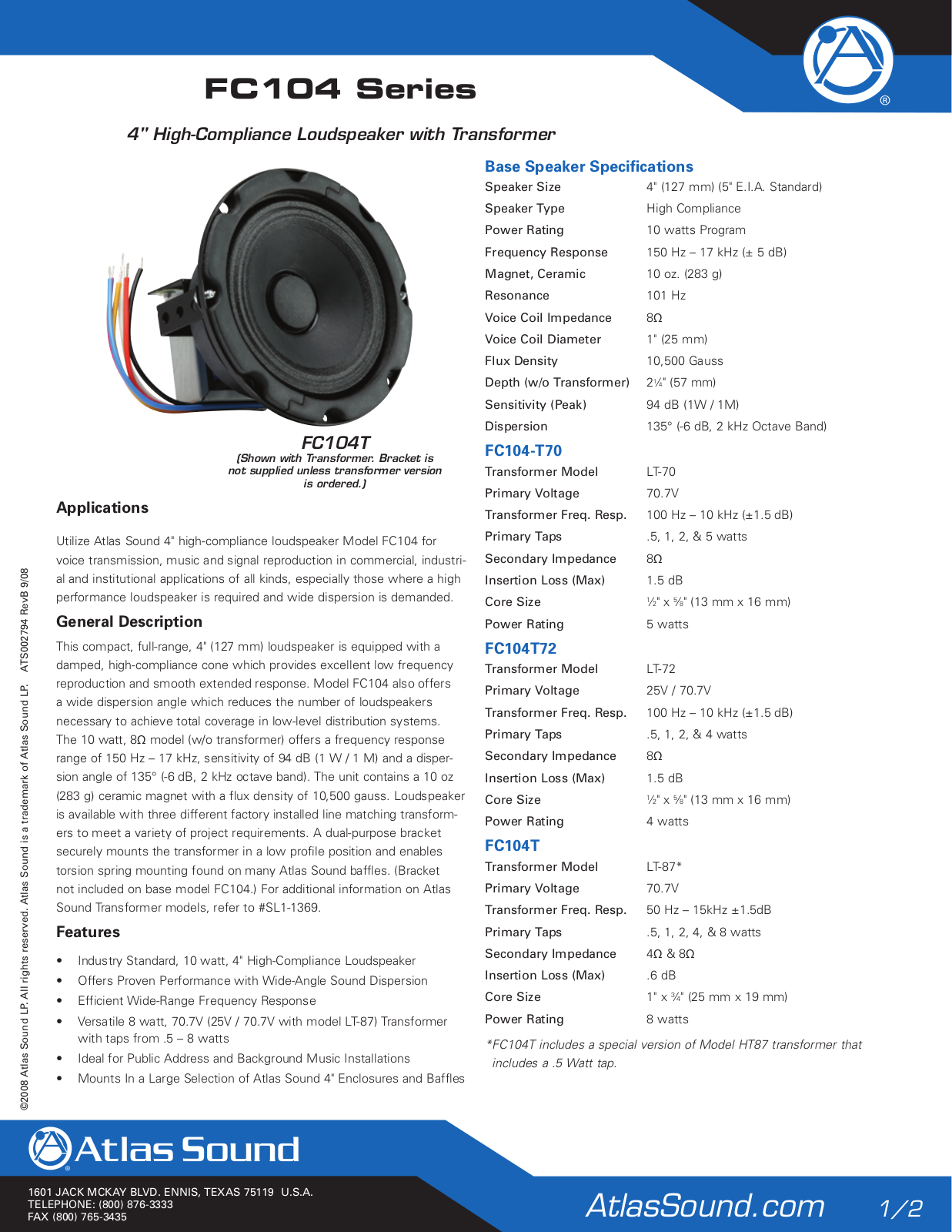 Atlas Sound FC104T72, FC104-T70, FC104T User Manual