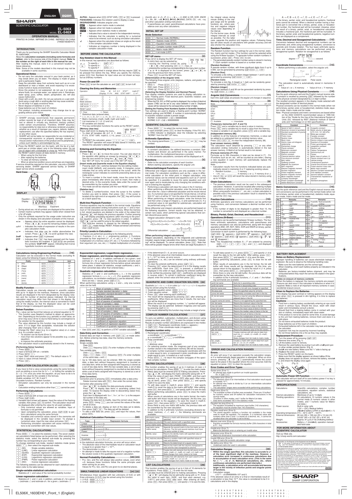 Sharp EL-506X Installation  Manual