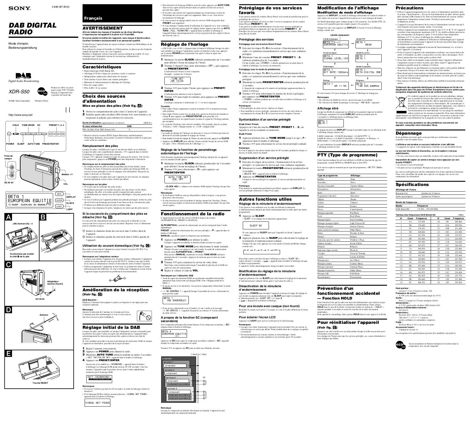 Sony XDR-S50 Operating Instructions