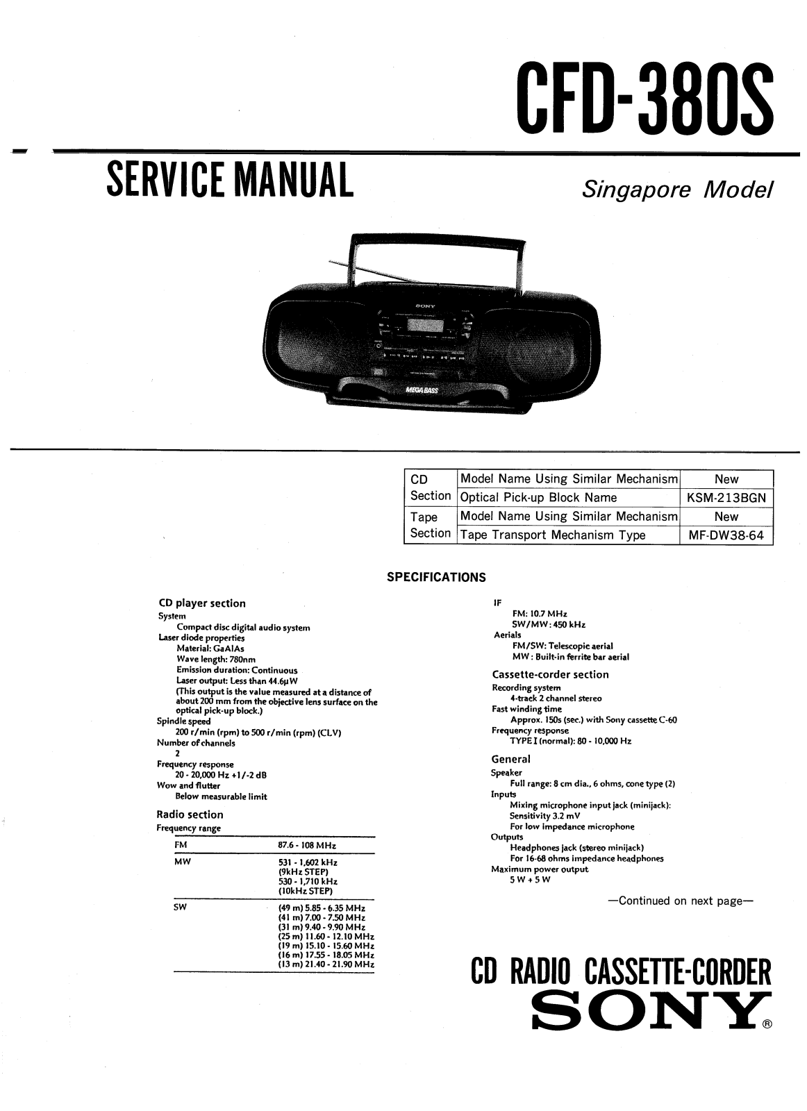 Sony CFD-380-S Service manual