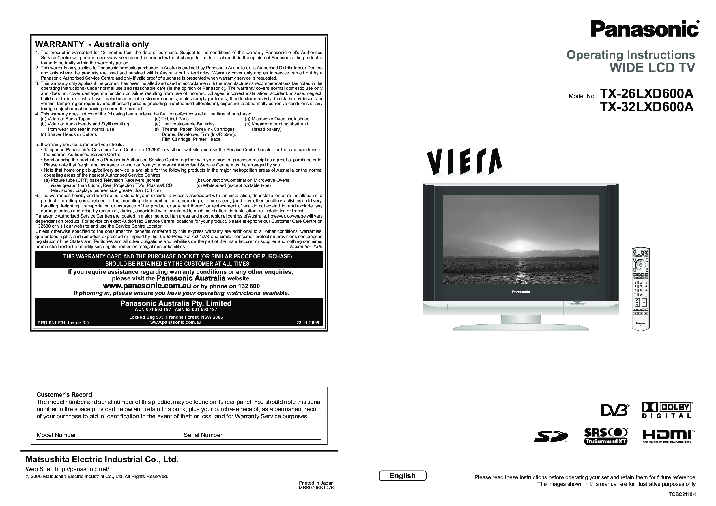 Panasonic TX-26LXD600A, TX-32LXD600A User Manual