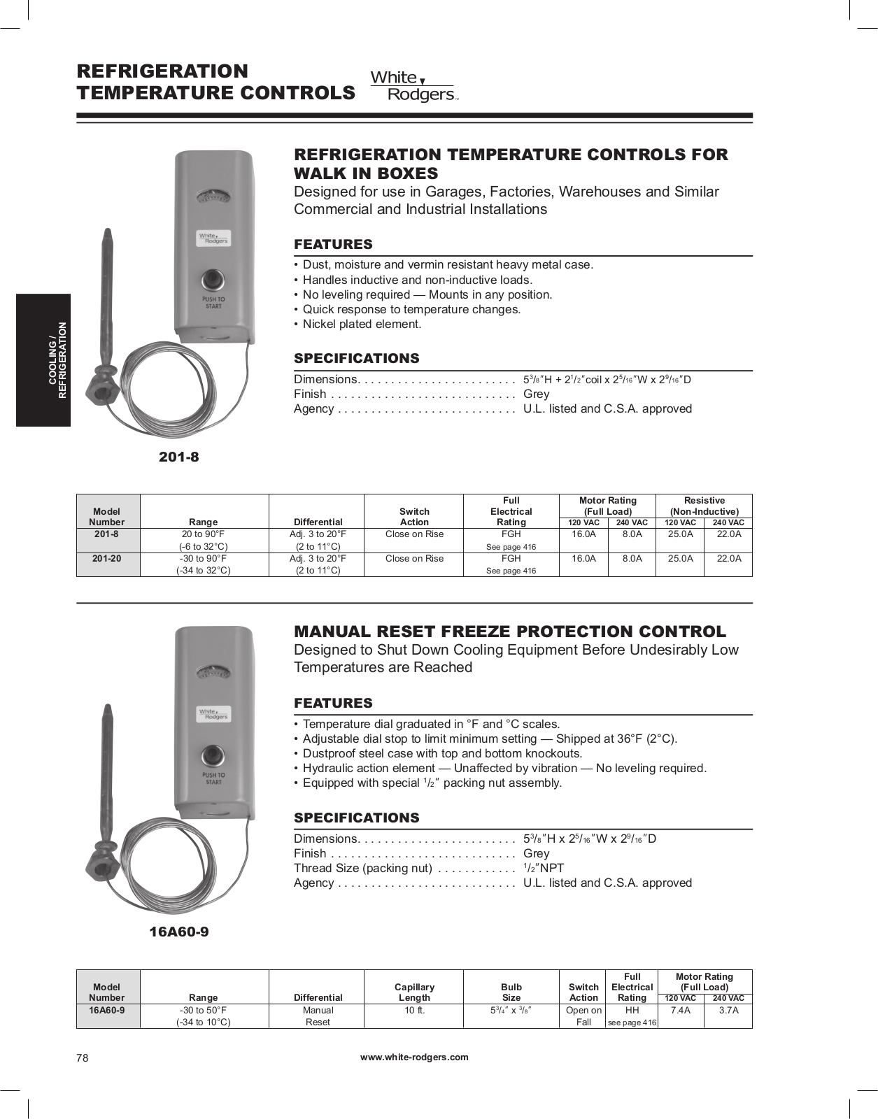 White Rodgers 201-8, 16A60-9, 201-20 Catalog Page