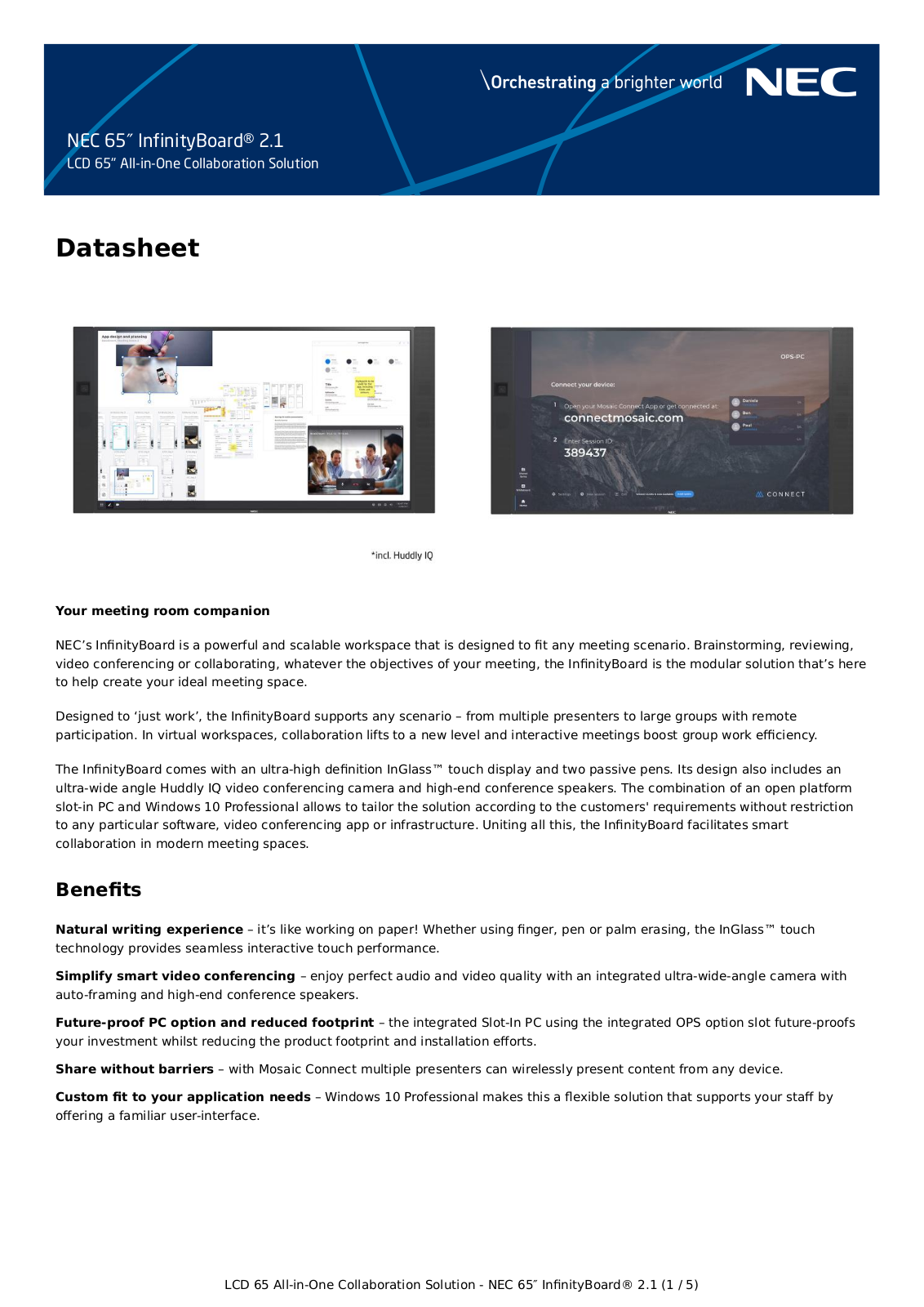 NEC 65 InfinityBoard 2.1 Datenblatt