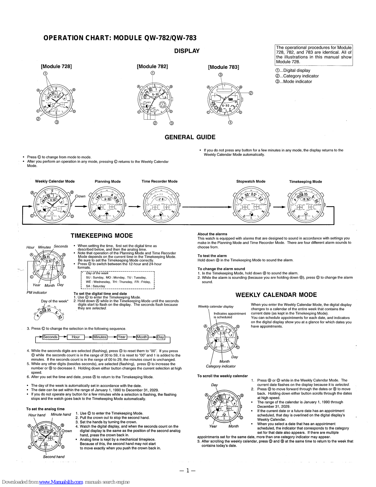 Casio QW-782, QW-783 General Manual