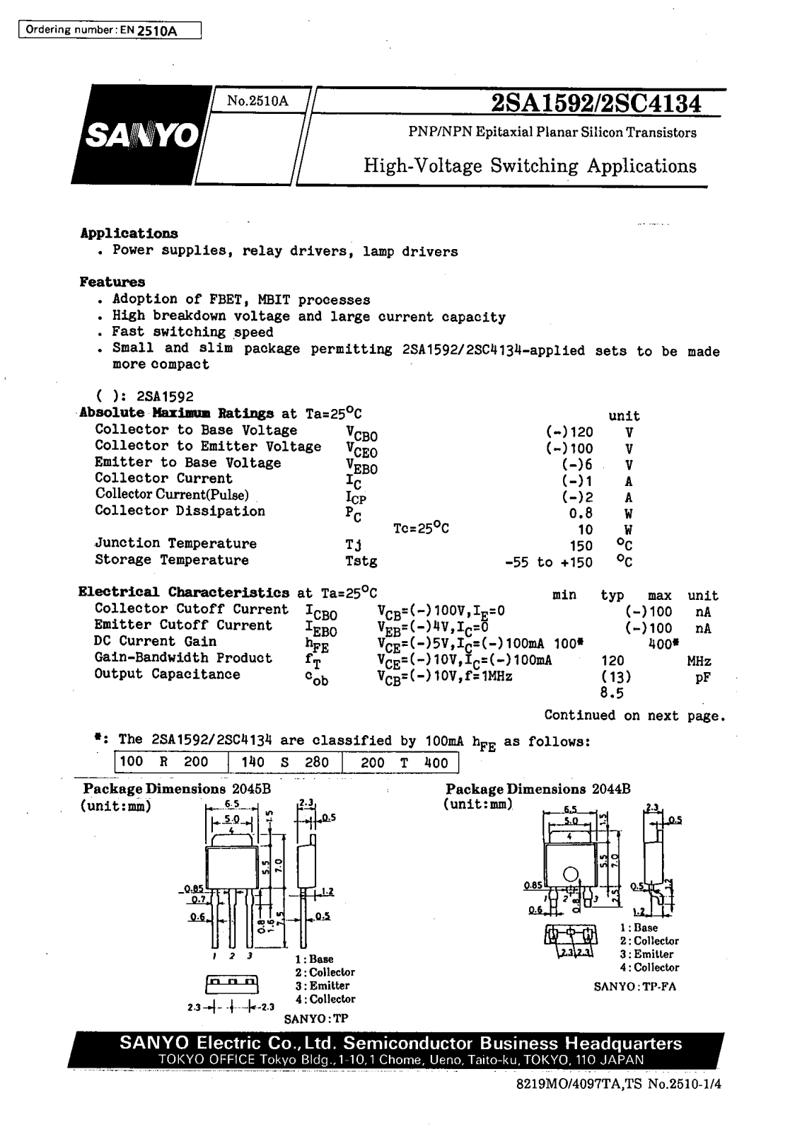 SANYO 2SC4134, 2SA1592 Datasheet