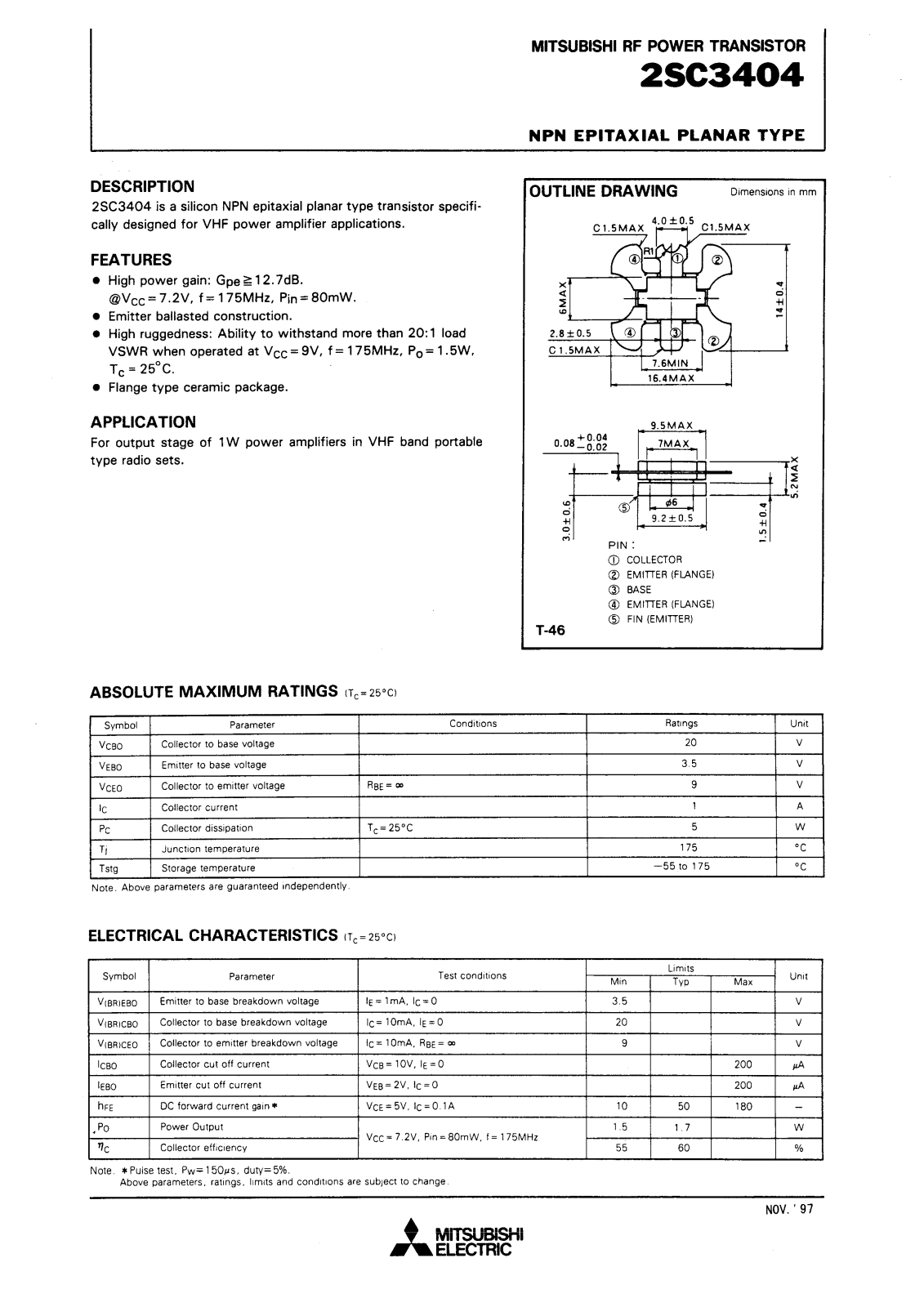 Mitsubishi Electric Corporation Semiconductor Group 2SC4304, 2SC3404 Datasheet