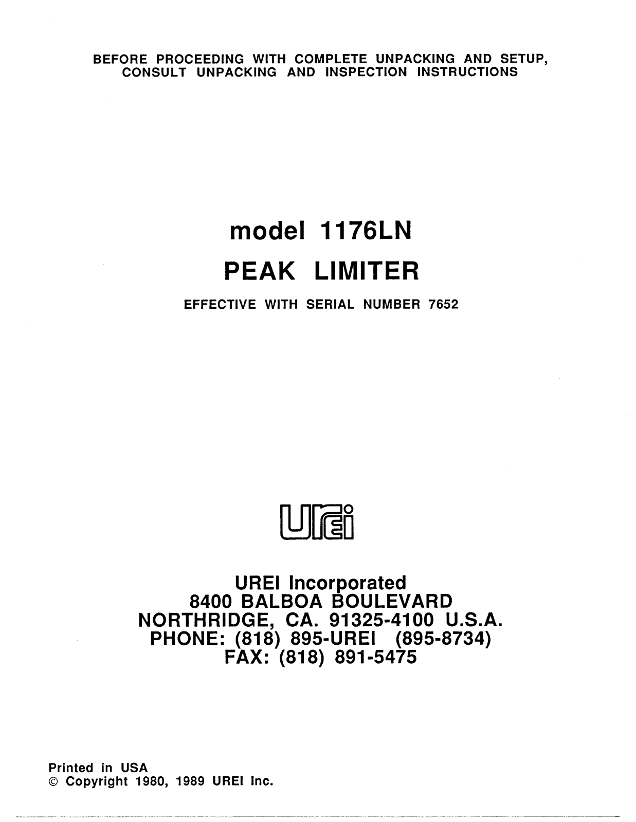 JBL UREI 1176LN User Manual