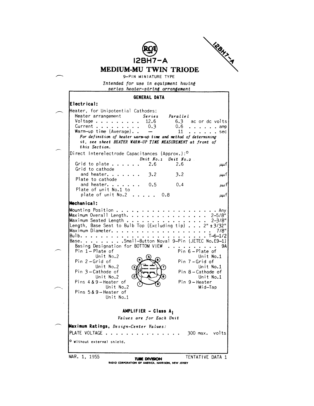 RCA 12BH7-A DATASHEETS