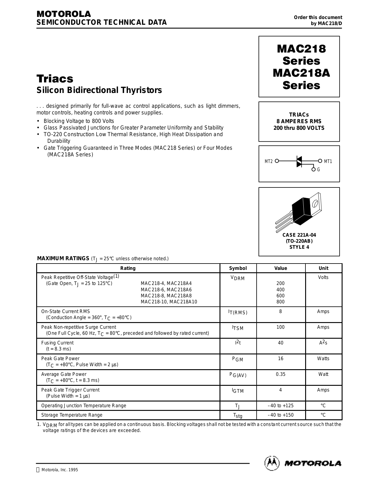 Motorola MAC218-4, MAC218A6, MAC218A4, MAC218A10, MAC218-6 Datasheet