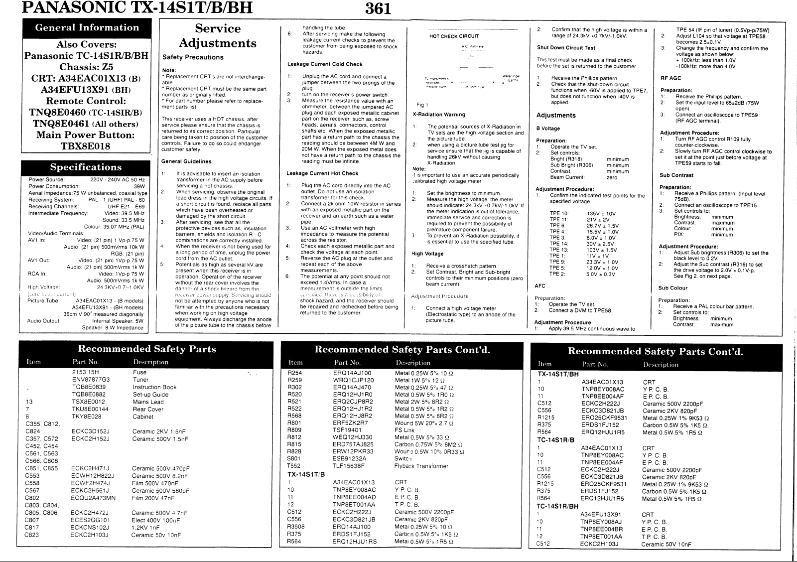 panasonic tx-14s1t/b/bh Service Adjustments