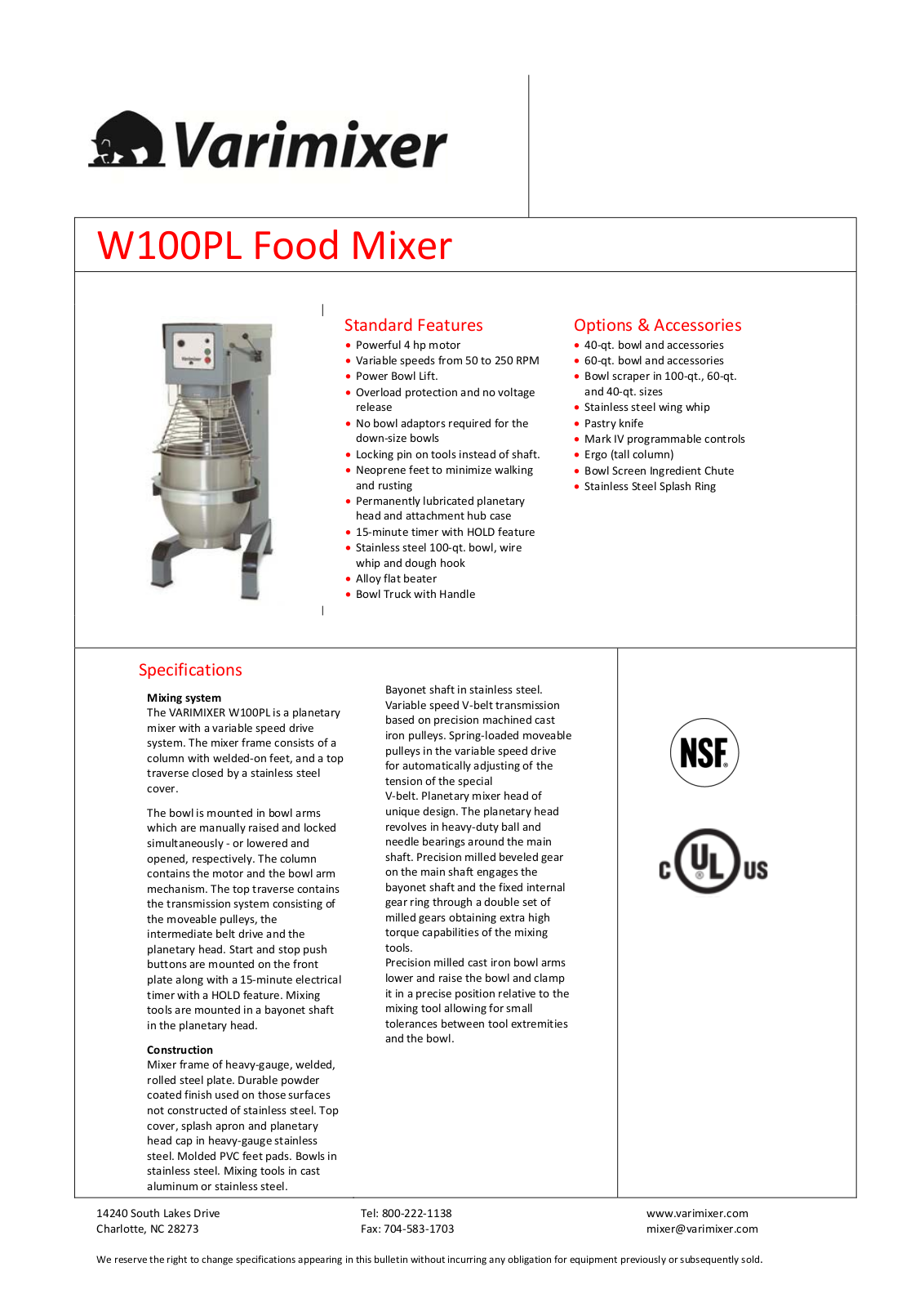 Varimixer W100PL User Manual