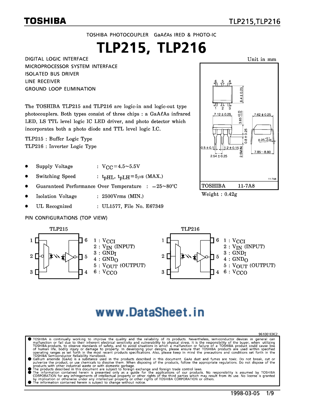 TOSHIBA TLP215, TLP216 Technical data