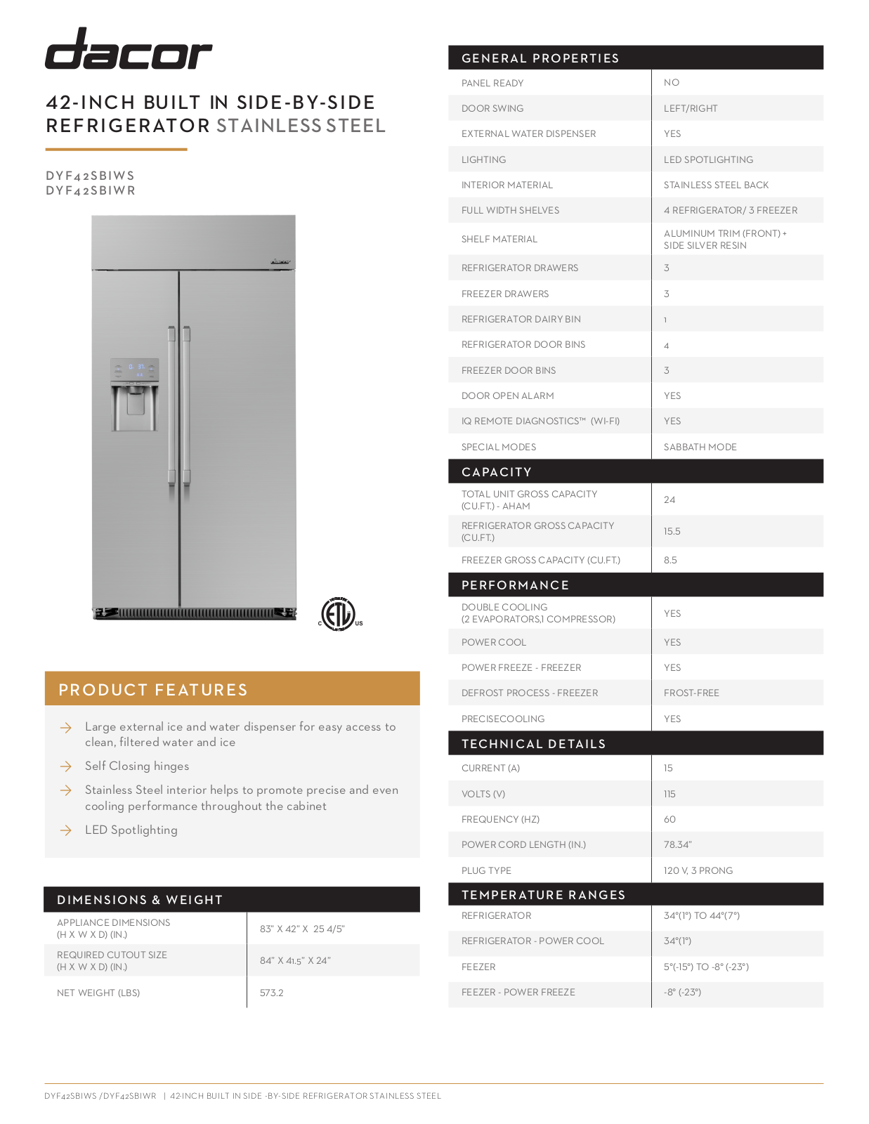 Dacor DYF42SBIWR Specifications