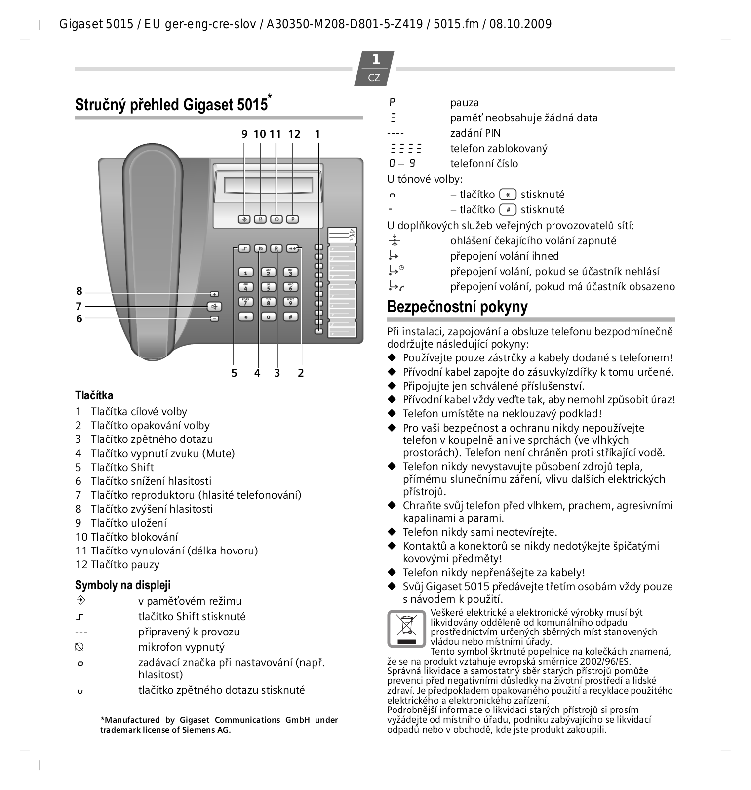 Siemens GIGASET 5015 QUICK GUIDE