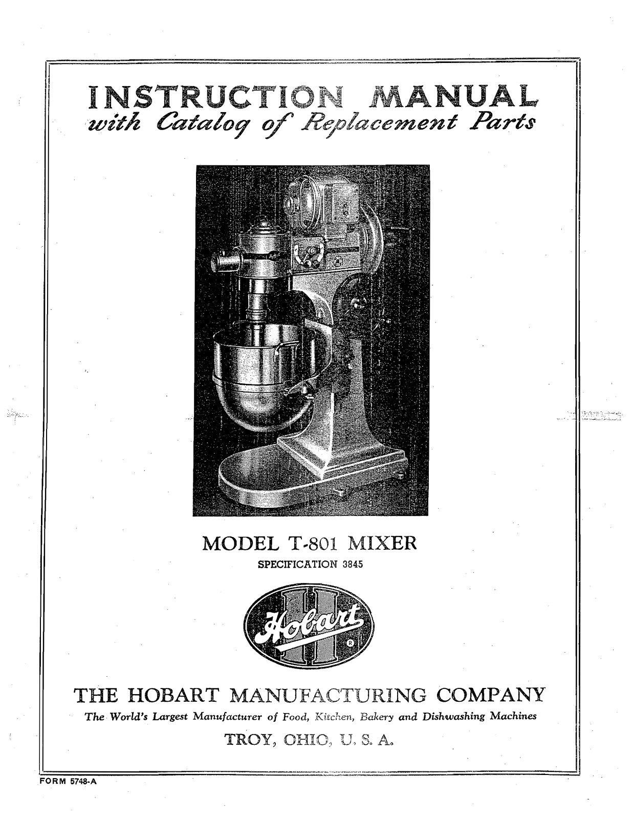 Hobart T-801 Installation Manual