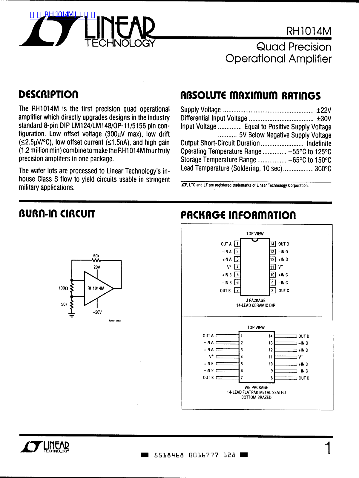 LINEAR TECHNOLOGY RH1014M Technical data