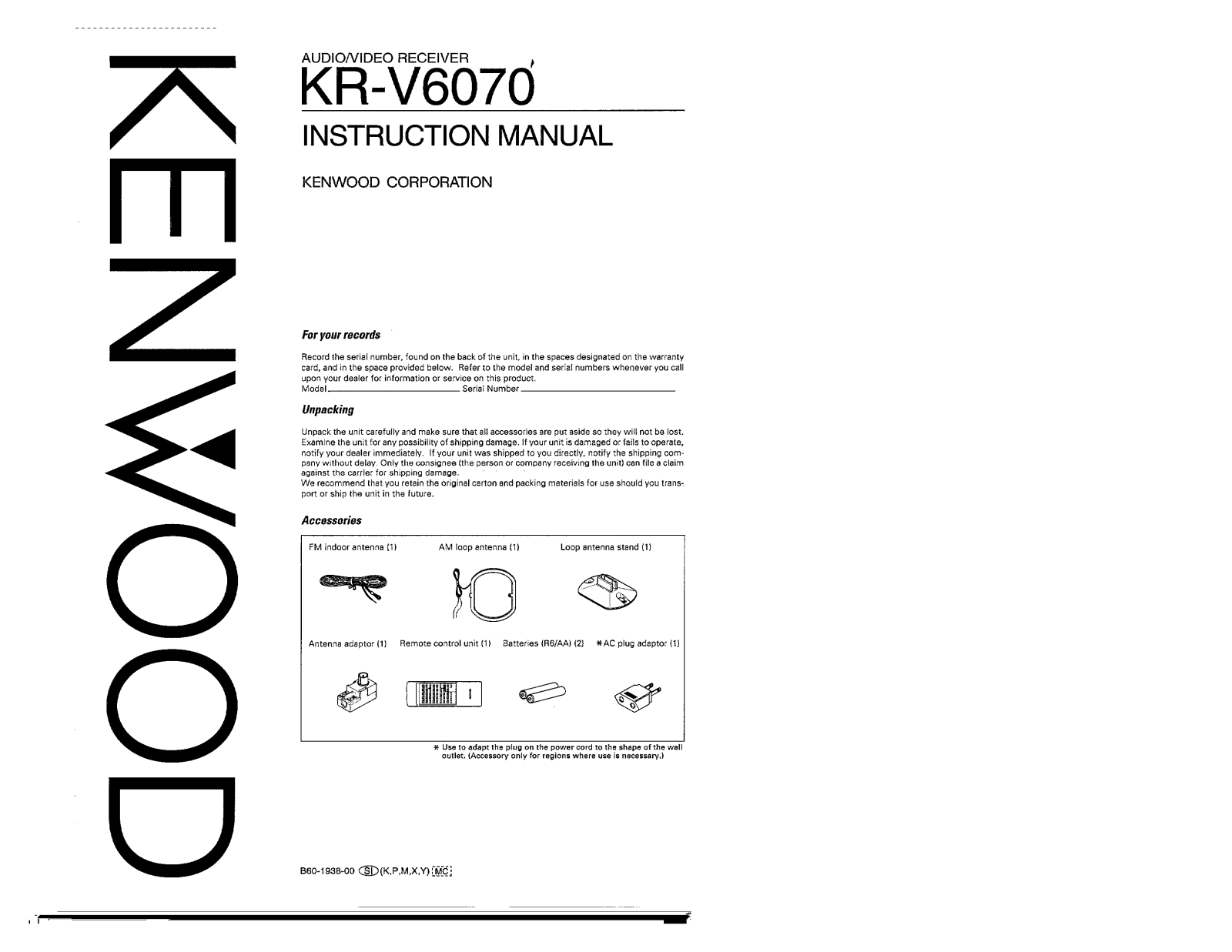 Kenwood KR-V6070 Owner's Manual