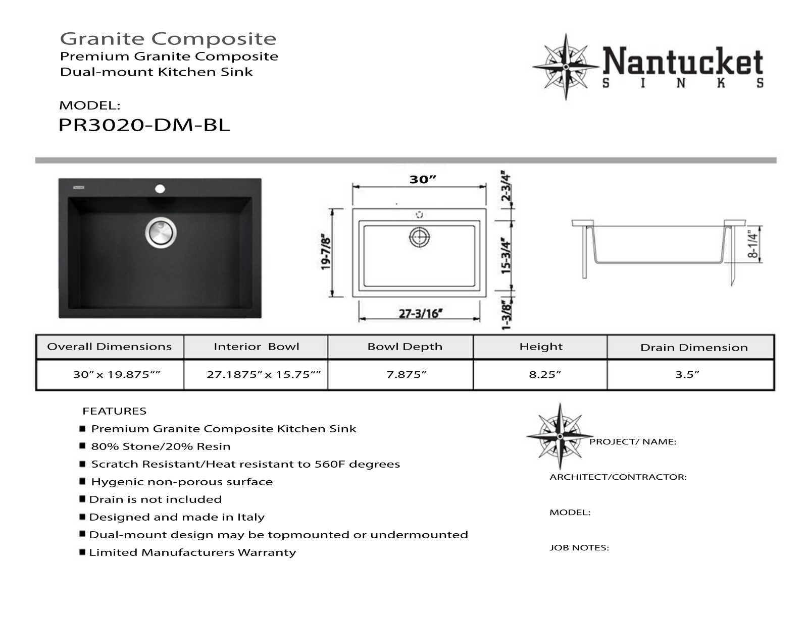 Nantucket Sinks PR3020DMBL Specs