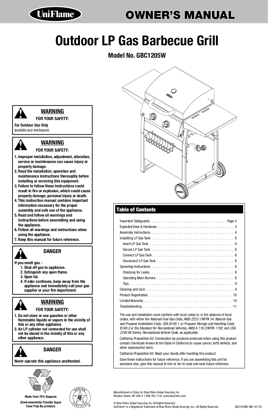 Uniflame GBC1205W Owner's Manual