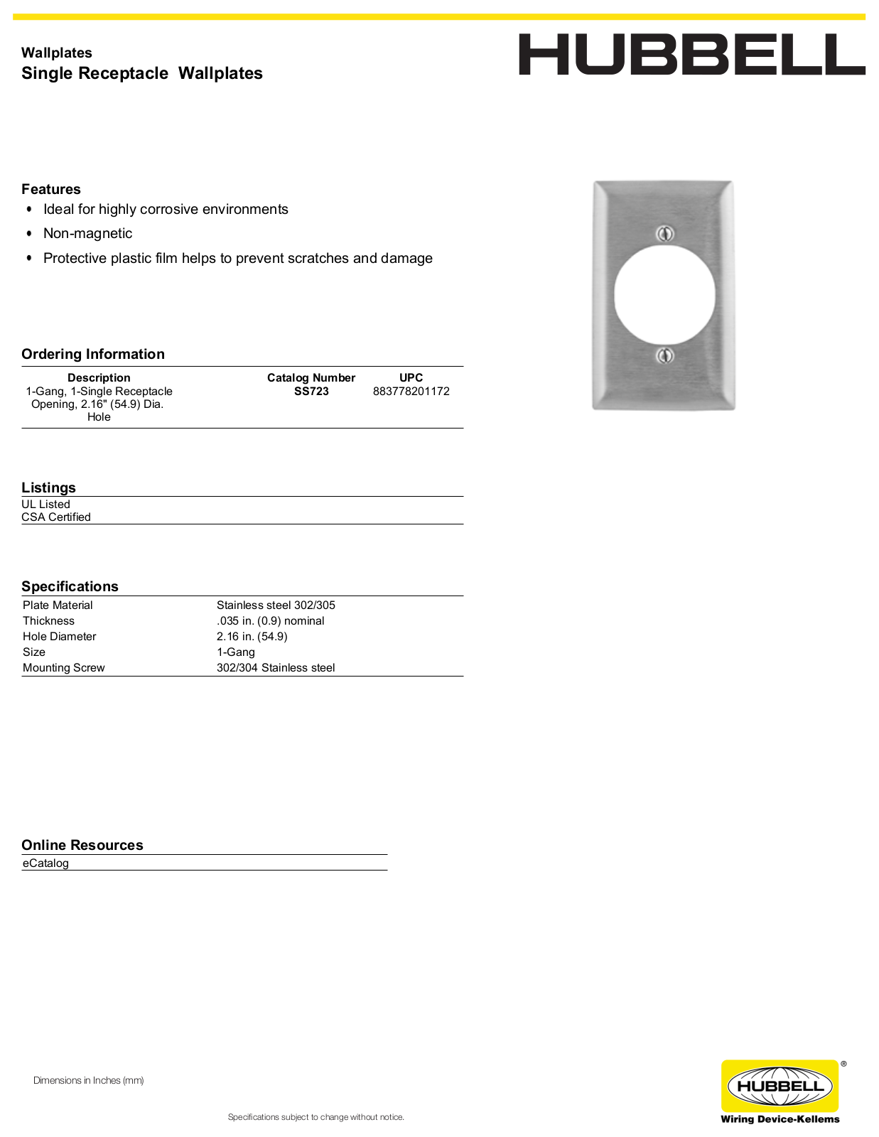 Hubbell SS723 Specifications