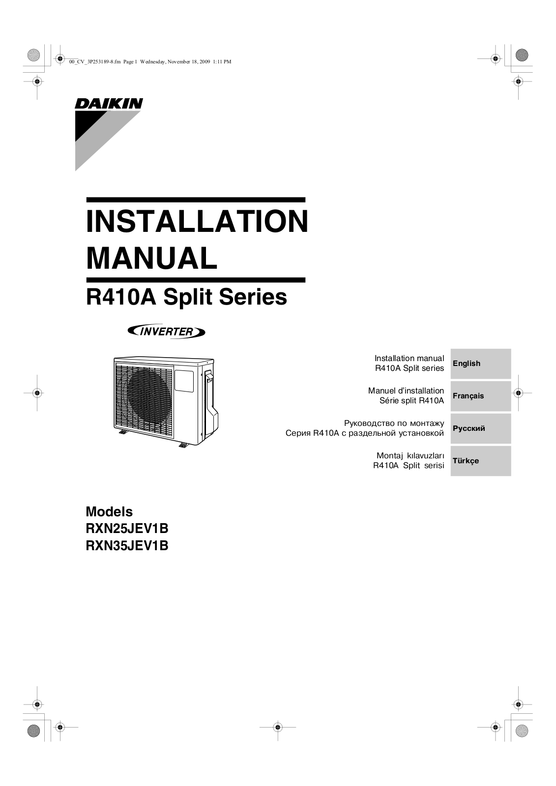 Daikin FTXN25LV1B, FTXN35LV1B, FTXN50LV1B, FTXN60LV1B, RXN25LV1B Installation manuals