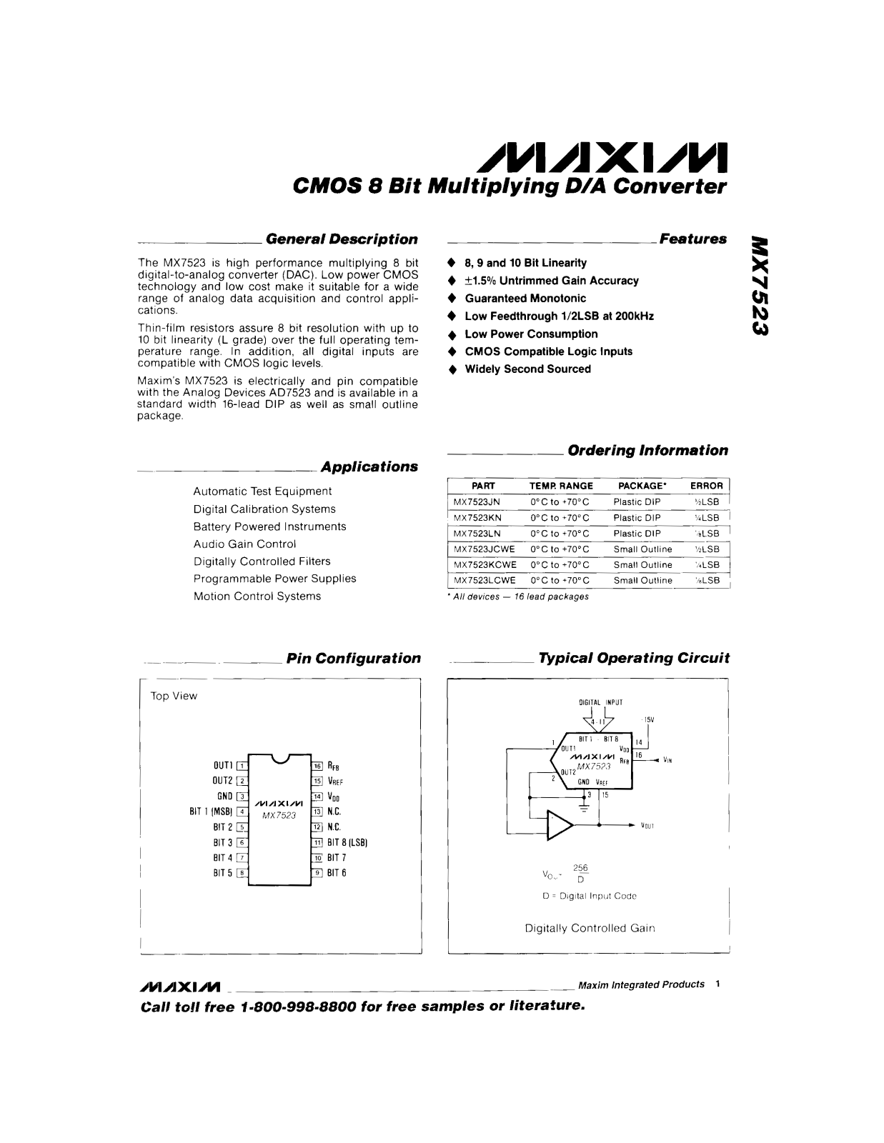 Maxim MX7523JCWE, MX7523JN, MX7523KCWE, MX7523KN, MX7523LCWE Datasheet