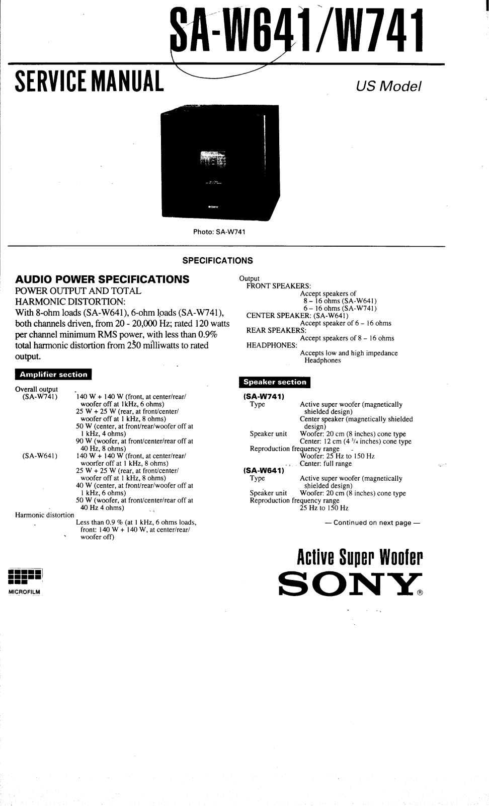 Sony SA-W641 User Manual