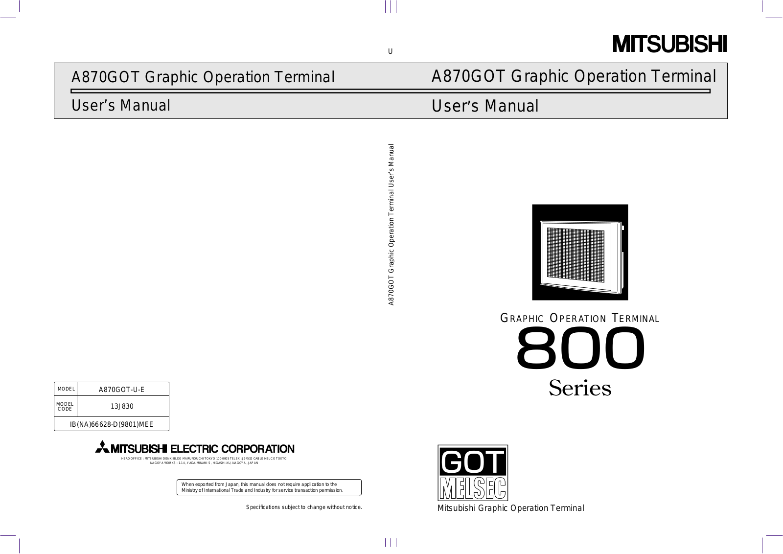 Mitsubishi A870GOT User Manual