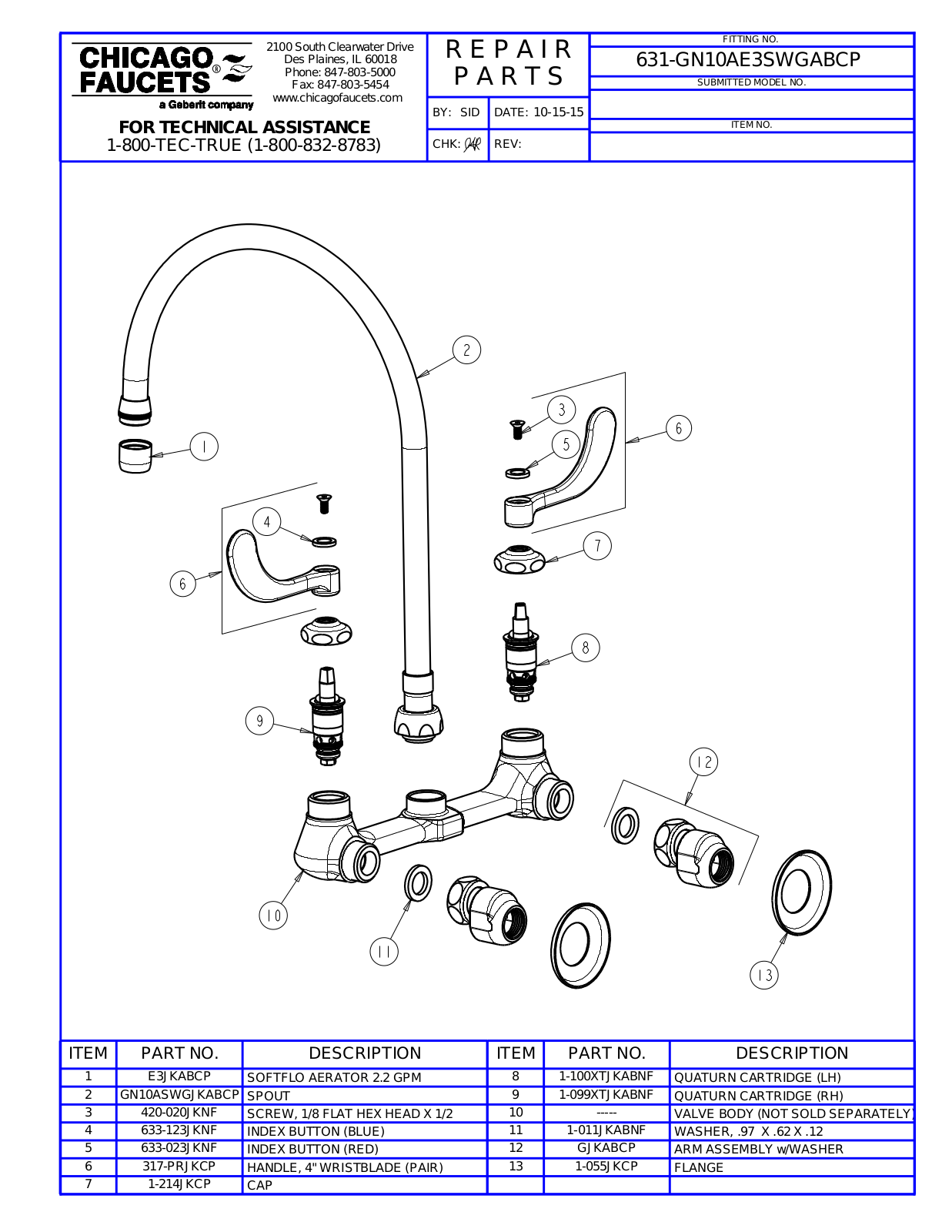 Chicago Faucet 631-GN10AE3SWGAB User Manual