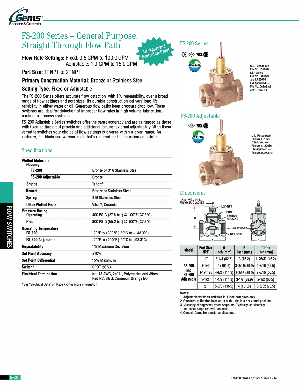 Gems Sensors & Controls FS-200 Series Catalog Page